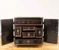 Antique coin cabinet and travel jewelry box made of lacquered and painted wood