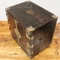 Antique coin cabinet and travel jewelry box made of lacquered and painted wood