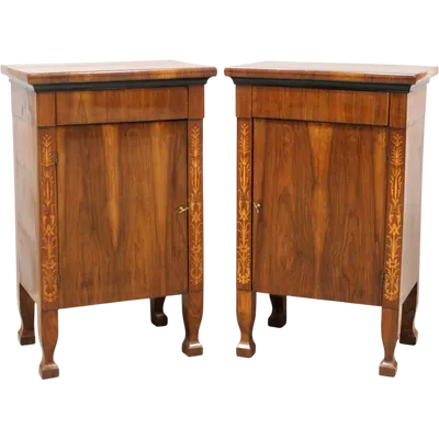 Antique pair of Empire-style nightstands in inlaid walnut, 19th century