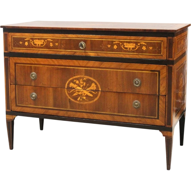Commode ancienne de style Louis XVI en noyer marqueté, XVIIIe siècle