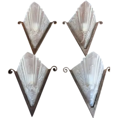Four Art Deco wall sconces made of iron and satin-finished pressed glass – 1940s