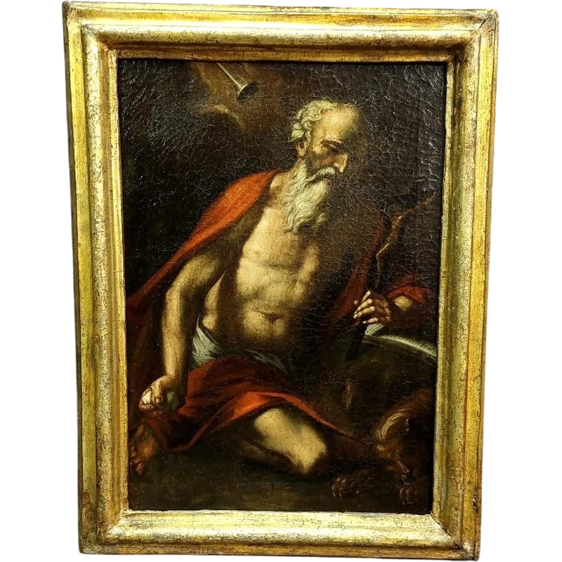 Antico olio su tela con cornice antica raffigurante San Girolamo scuola italiana XVII secolo
