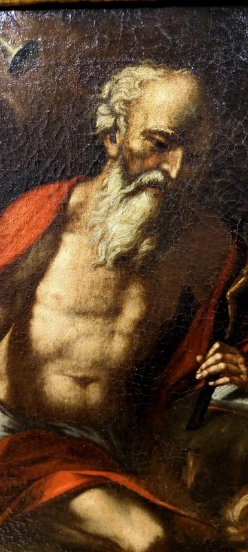 Antico olio su tela con cornice antica raffigurante San Girolamo scuola italiana XVII secolo