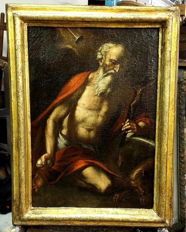 Antico olio su tela con cornice antica raffigurante San Girolamo scuola italiana XVII secolo