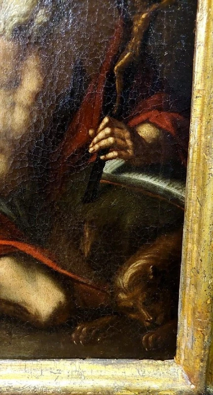 Antico olio su tela con cornice antica raffigurante San Girolamo scuola italiana XVII secolo