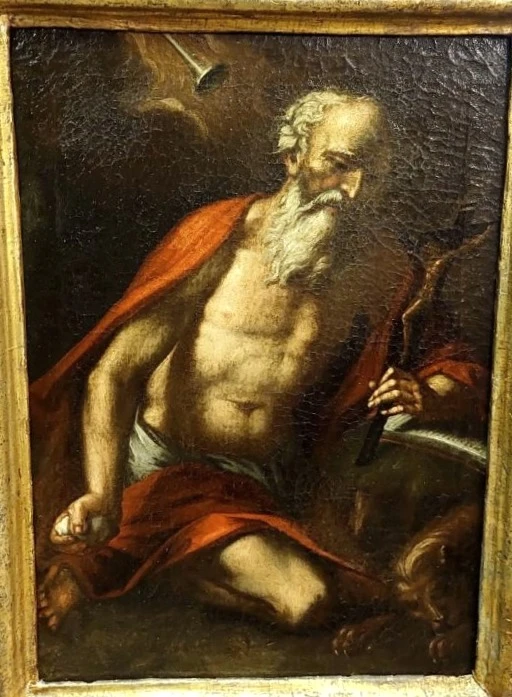 Antico olio su tela con cornice antica raffigurante San Girolamo scuola italiana XVII secolo