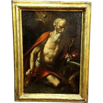 Antico olio su tela con cornice antica raffigurante San Girolamo scuola italiana XVII secolo