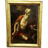 Antico olio su tela con cornice antica raffigurante San Girolamo scuola italiana XVII secolo