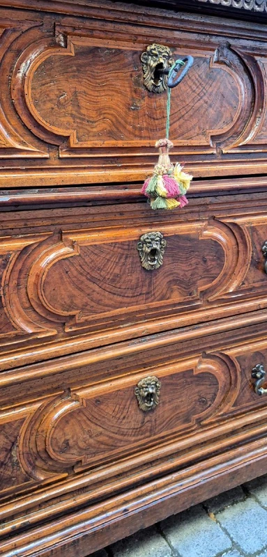 Commode à tiroirs de style « canterano » ancienne de Bologne, datant du XVIIe siècle, avec incrustations de ronce de noyer