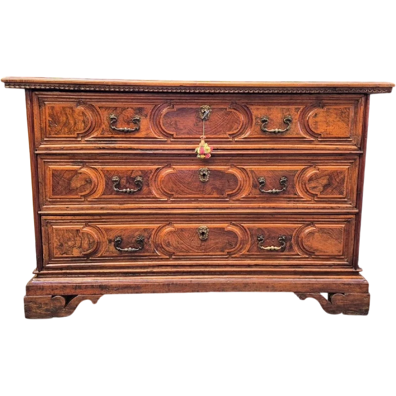 Commode à tiroirs de style « canterano » ancienne de Bologne, datant du XVIIe siècle, avec incrustations de ronce de noyer