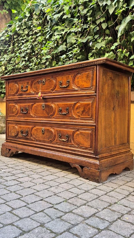 Commode à tiroirs de style « canterano » ancienne de Bologne, datant du XVIIe siècle, avec incrustations de ronce de noyer