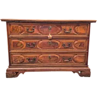 Commode à tiroirs de style « canterano » ancienne de Bologne, datant du XVIIe siècle, avec incrustations de ronce de noyer