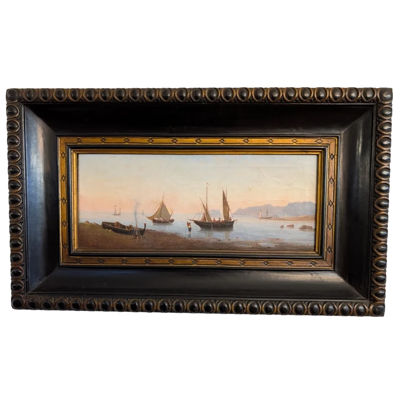 Marina with boats and figures on the shore Oil on canvas, 19th century