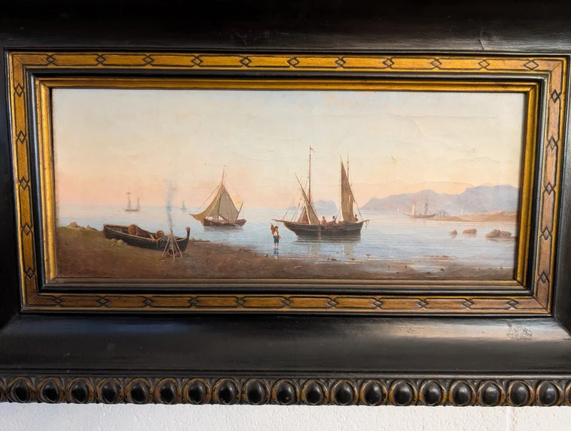 Marina with boats and figures on the shore Oil on canvas, 19th century