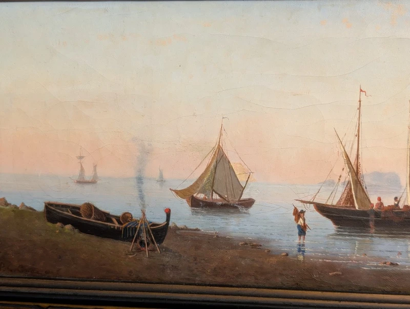 Marina with boats and figures on the shore Oil on canvas, 19th century