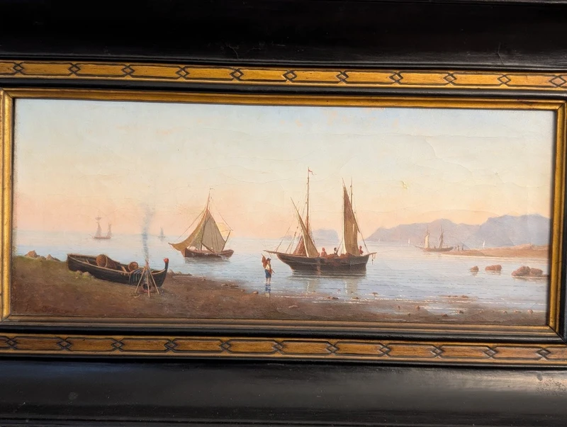 Marina with boats and figures on the shore Oil on canvas, 19th century