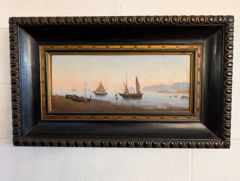 Marina with boats and figures on the shore Oil on canvas, 19th century