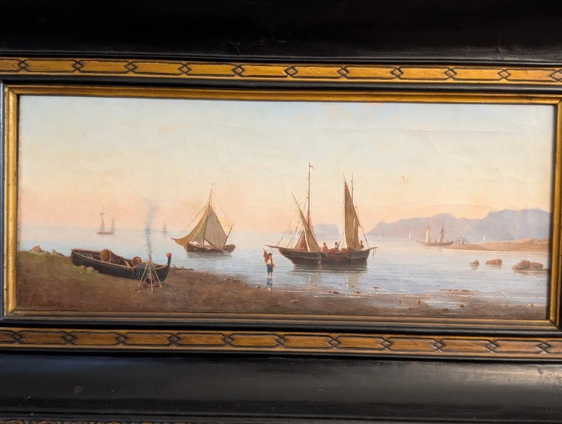 Marina with boats and figures on the shore Oil on canvas, 19th century