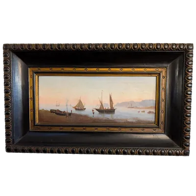 Marina with boats and figures on the shore Oil on canvas, 19th century