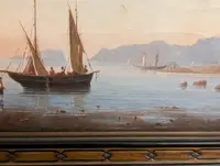 Marina with boats and figures on the shore Oil on canvas, 19th century