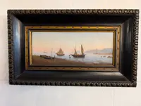 Marina with boats and figures on the shore Oil on canvas, 19th century