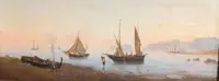 Marina with boats and figures on the shore Oil on canvas, 19th century