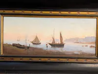 Marina with boats and figures on the shore Oil on canvas, 19th century