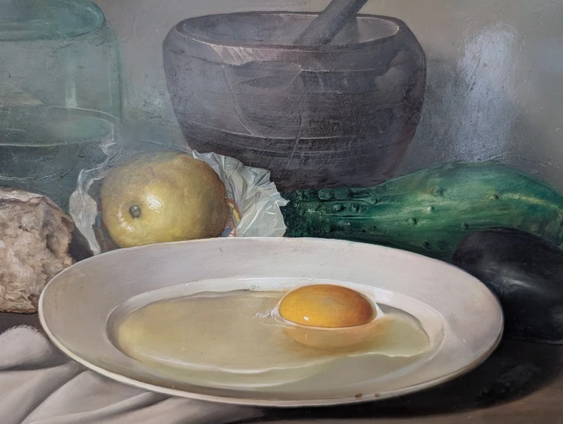 Nature morte raffinée représentant des ustensiles de cuisine – Adriano Gaioni, 1954