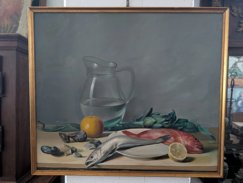 Still Life with Fish, Artichokes, and a Glass Pitcher – 20th Century