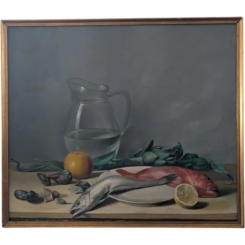 Still Life with Fish, Artichokes, and a Glass Pitcher – 20th Century