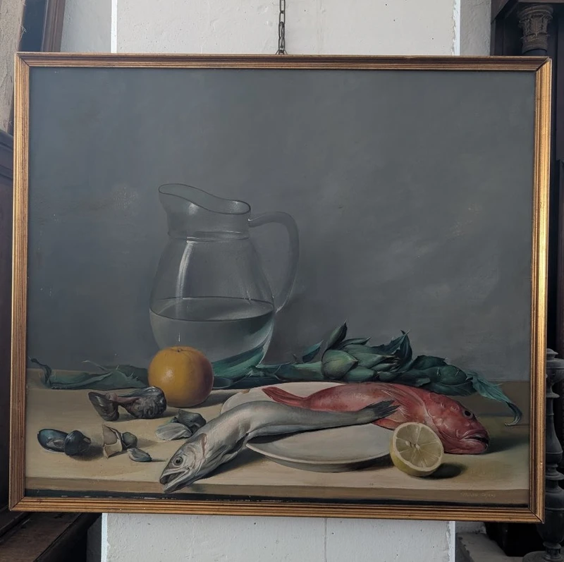Still Life with Fish, Artichokes, and a Glass Pitcher – 20th Century