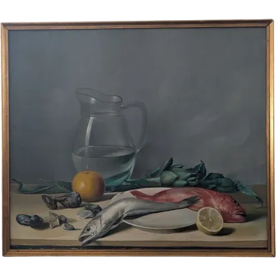 Nature morte avec des poissons, des artichauts et une cruche en verre – XXe siècle