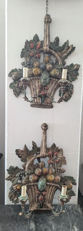 Pair of carved, silver-plated, and polychrome wooden wall sconces – Mid-20th century