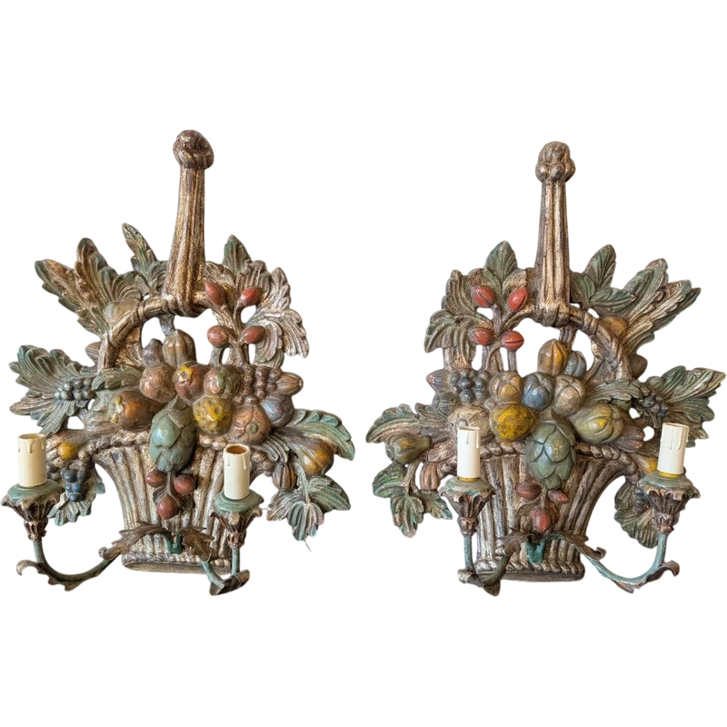 Pair of carved, silver-plated, and polychrome wooden wall sconces – Mid-20th century