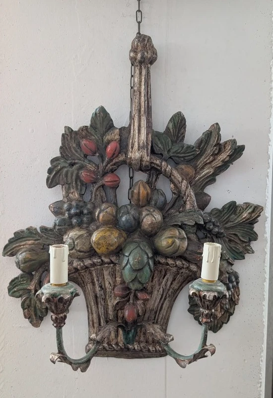 Pair of carved, silver-plated, and polychrome wooden wall sconces – Mid-20th century