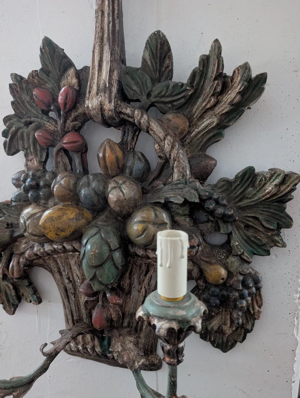 Pair of carved, silver-plated, and polychrome wooden wall sconces – Mid-20th century