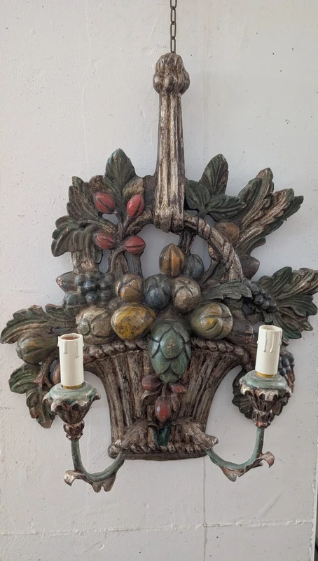 Pair of carved, silver-plated, and polychrome wooden wall sconces – Mid-20th century