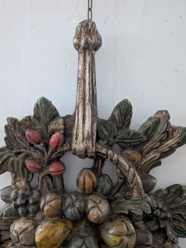 Pair of carved, silver-plated, and polychrome wooden wall sconces – Mid-20th century