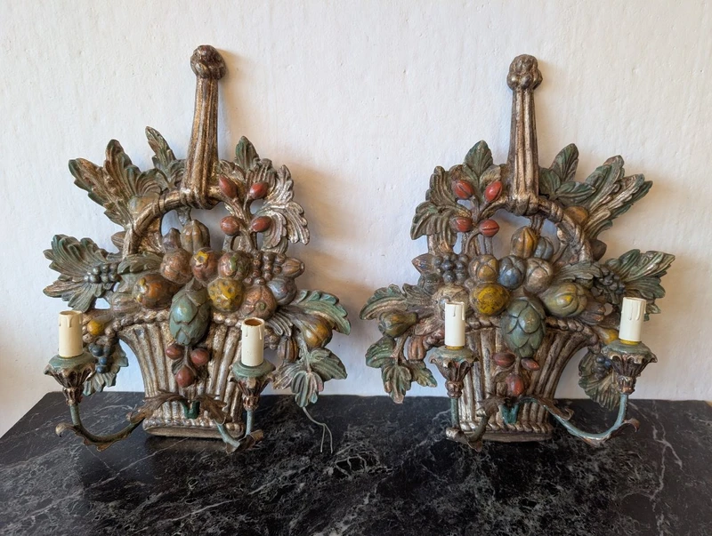 Pair of carved, silver-plated, and polychrome wooden wall sconces – Mid-20th century