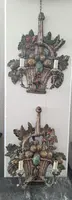 Pair of carved, silver-plated, and polychrome wooden wall sconces – Mid-20th century
