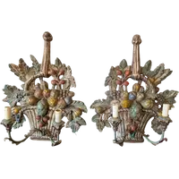 Pair of carved, silver-plated, and polychrome wooden wall sconces – Mid-20th century