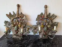 Pair of carved, silver-plated, and polychrome wooden wall sconces – Mid-20th century
