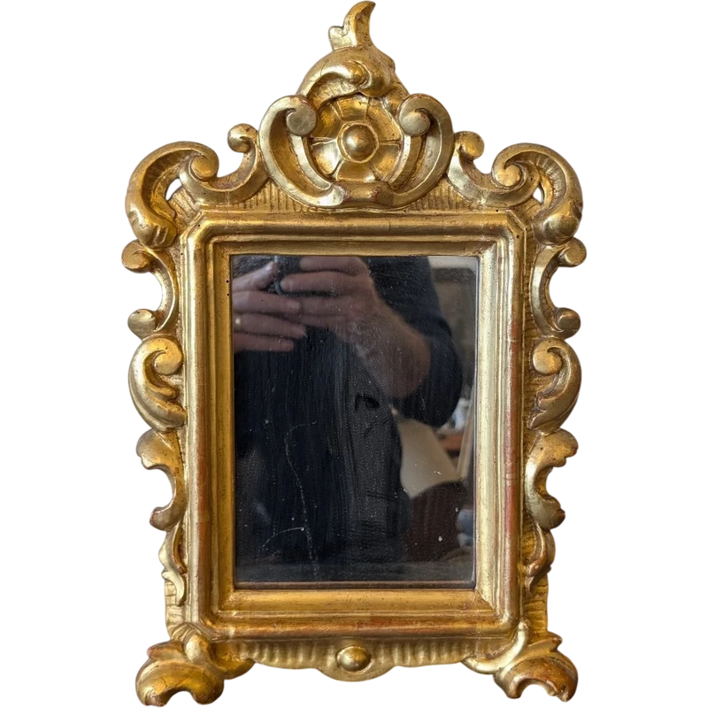 Carved wooden hand mirror gilded with pure gold – Early 19th century