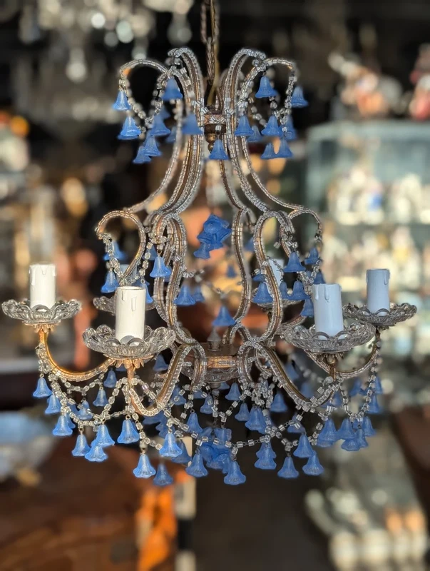 Five-light chandelier with blue glass pendants – First half of the 20th century