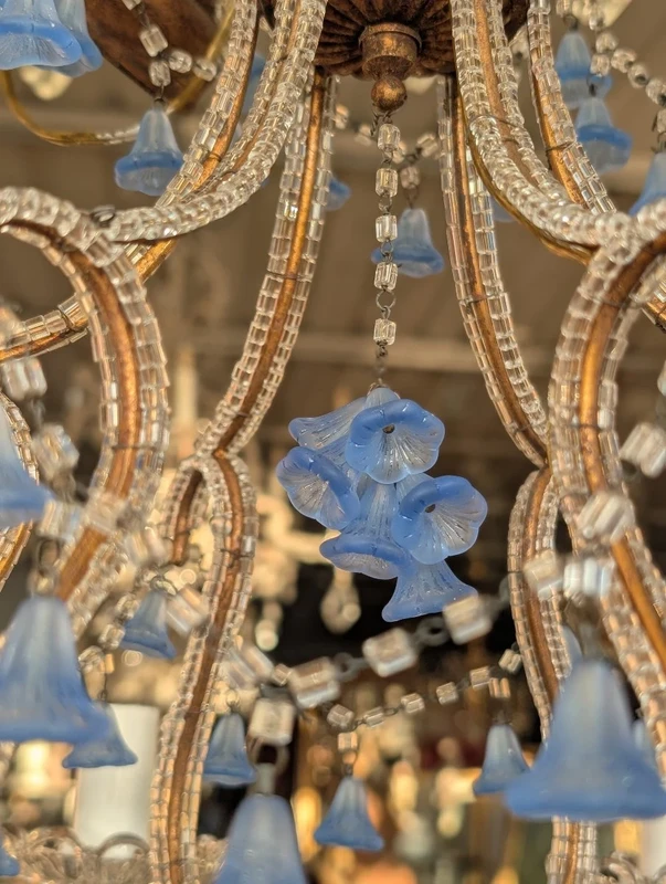 Five-light chandelier with blue glass pendants – First half of the 20th century