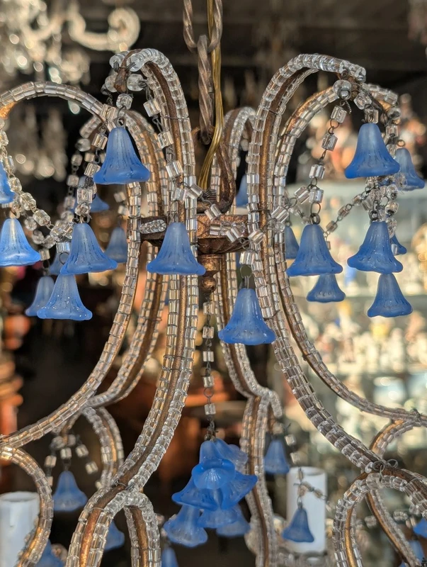 Five-light chandelier with blue glass pendants – First half of the 20th century