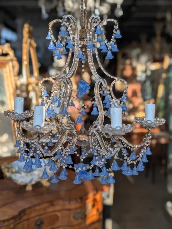 Five-light chandelier with blue glass pendants – First half of the 20th century