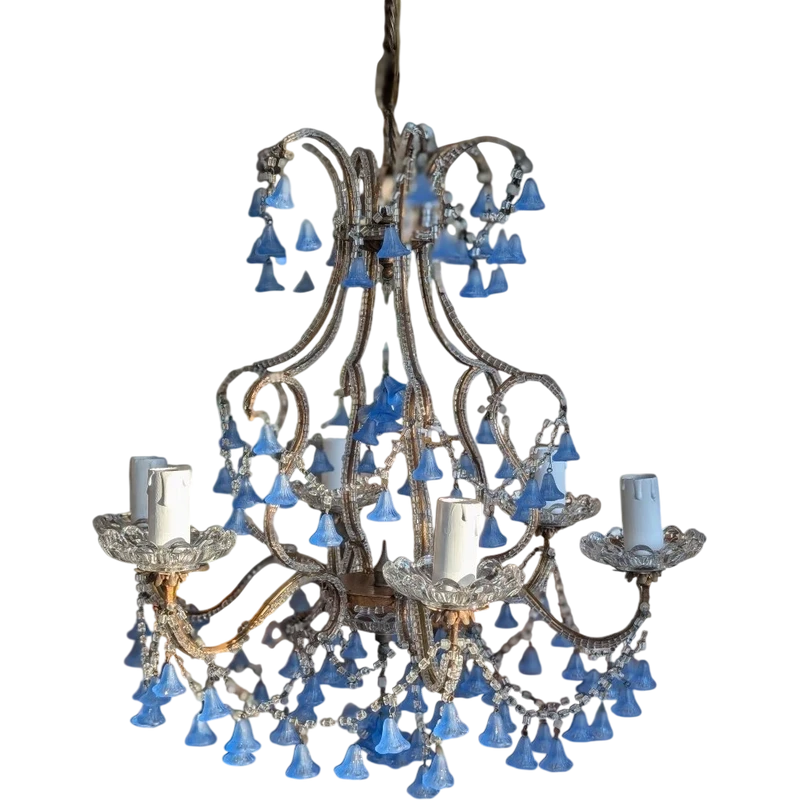 Five-light chandelier with blue glass pendants – First half of the 20th century