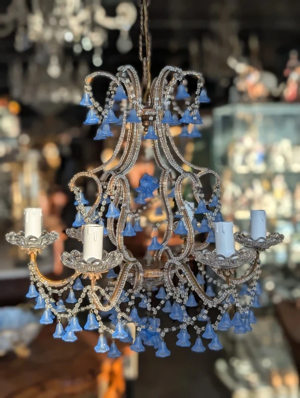 Five-light chandelier with blue glass pendants – First half of the 20th century