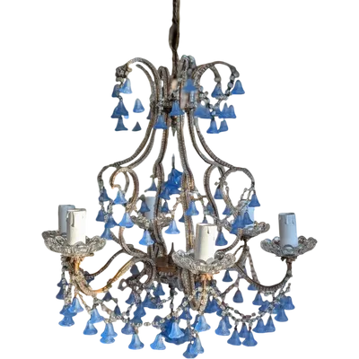 Lustre à cinq lumières avec pendants en verre bleu – Première moitié du XXe siècle
